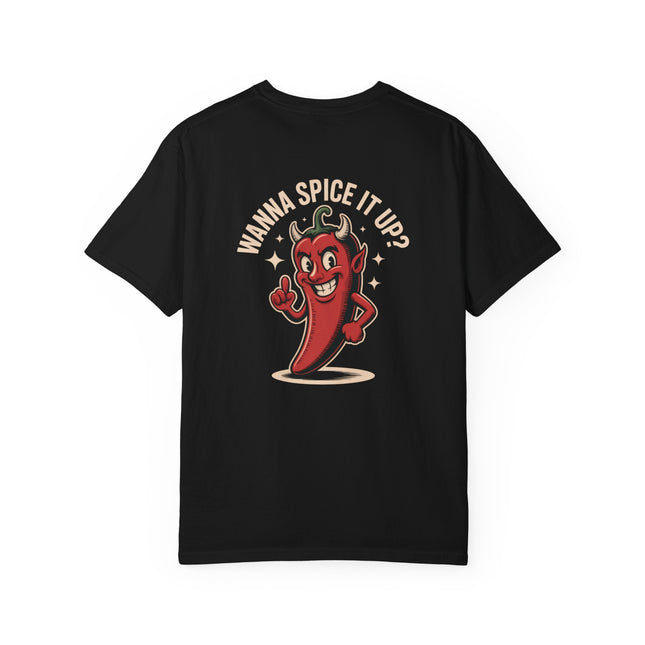 Demonic Chili Pepper T-Shirt — “Wanna Spicy It Up?” Graphic Tee
